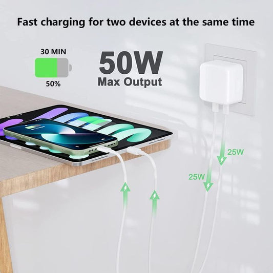 Chargeur İPhone 50w double port USB-C Interface de Sortie 13 /14